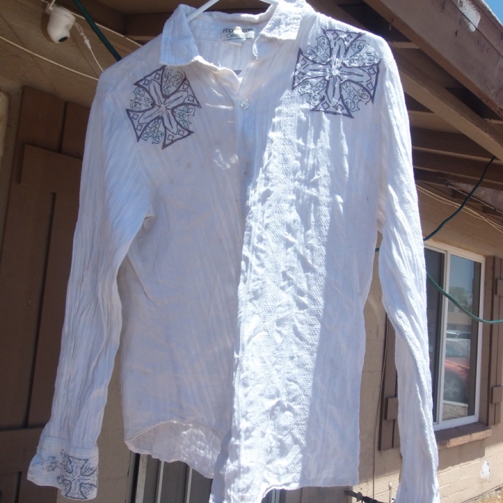 Punk Button-Up Shirt with Embroidered cross Accents